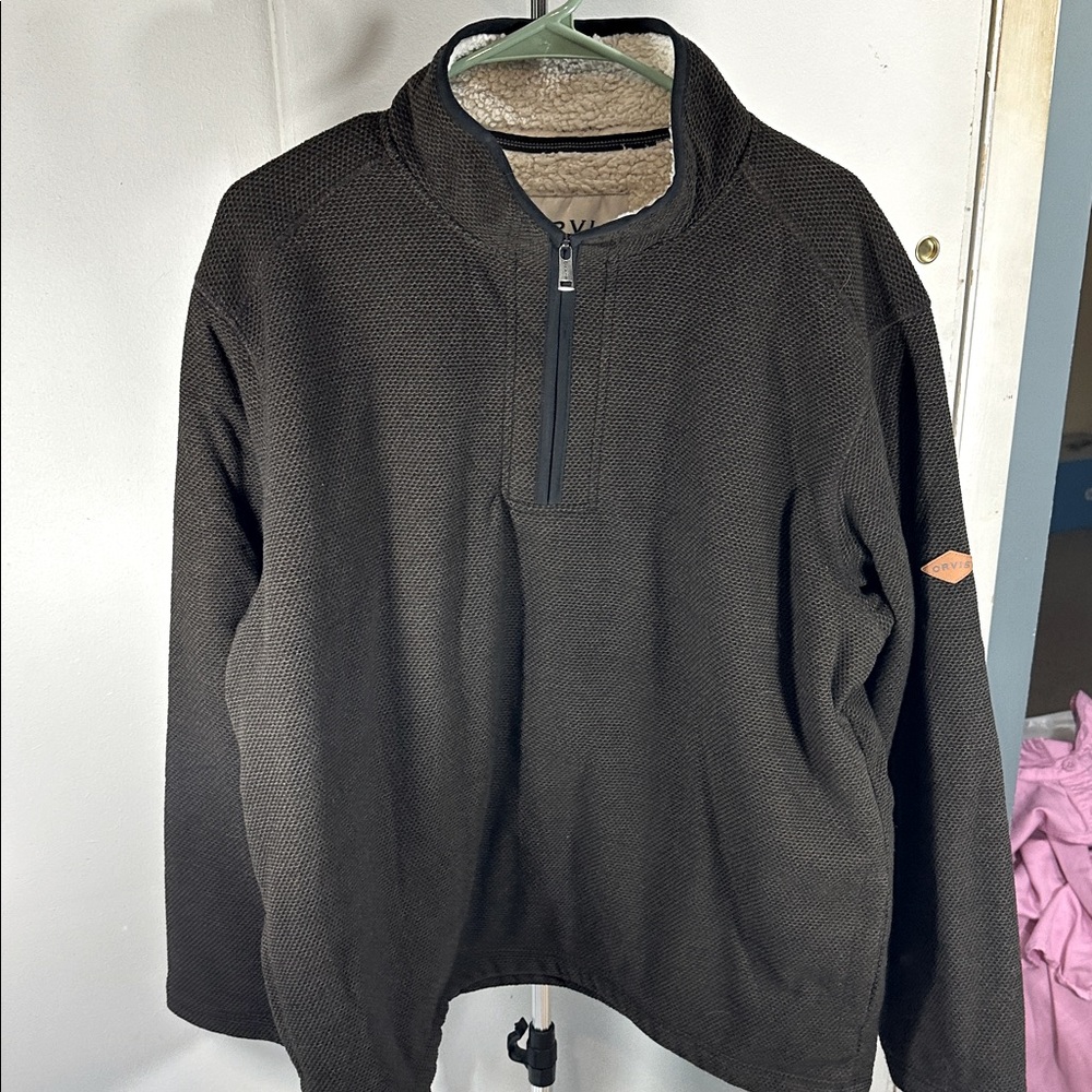 XL Orvis Men's Dark Brown 1/4 Zip-Up fleece lined pullover top EUC